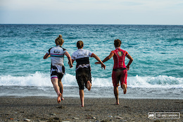 Tracy Moseley ran for the Mediterranean for some refreshement after her victories.