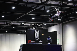 Daryl Brown with a big 3 tuck no hander during a practice run for Air To The Throne at the London Bike Show