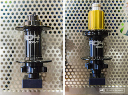 Hope was on hand with these lovely boosted versions of their new Pro 4 hubs. Pressed in bearings for convenience on both of these lovelies, which have been machined out of solid aluminum billet. The front hub is designed with the new 110 hub spacing, and rather than just making a wider axle, Hope has moved the flanges out 5mm to increase stiffness. The front hub is available in 24, 28, and 32 hole configurations; 188 grams for the 32 hole version. The rear features a 4 pawl engagement with 44 engagement points (8.2 degrees for you math nerds out there), comes with either and alloy or steel freehub body, is available in 28, 32, and 36 hole configurations (311 grams for the 36 hole version with the alloy freehub), and like the front hub, the flanges have been moved outboard-this time by 3mm-for stiffer wheel builds. Both hubs come in Black, Silver, Red, Blue, Purple and Orange flavors. 6 bolts rotors only.