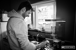 Fueling is critical for elite athletes, so with a long day on the bike ahead of him, Greg Callaghan prepares himself some lunch for the day.