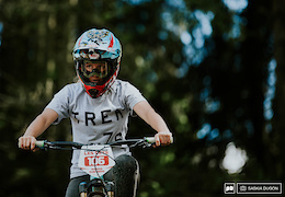 Casey Brown with her game face before her run down the Crankworx Les Gets womens Dual Slalom.