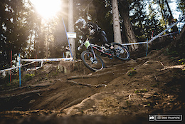 Nick Nestoroff drifts it into the steep open section during the morning golden hour.