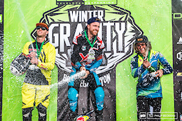 Time for the Pro Men’s bubbly. At the DVO Reaper Madness it was (l-r): Logan Binggeli (KHS Factory Racing), Aaron Gwin (YT/Red Bull) and Demetri Triantafillou (Lake Town Bicycles) popping the corks.