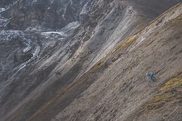 Wade Simmons rides down a previously untouched slope in the Tatshenshini-Alsek Provincial Park in British Columbia, Canada on September 3, 2016.