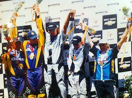 Kovarik, Rockwell, Rennie, Beneke, and Peaty on the podium at a NORBA round in Mammoth during the Qranc/GT days.