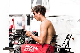 All calm in the Commencal pits as Amaury Pierron prepares for a wild day on the hill.