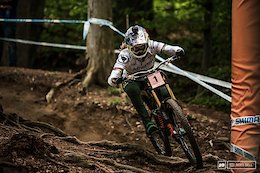 Rachel Atherton floating over the Maribor roots in 2019.