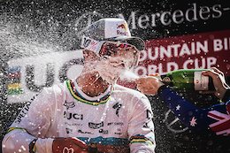 Champagne showers for Loic Bruni in Vallnord, Andorra.