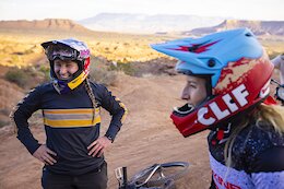 Hannah Bergemann and Casey Brown laugh and prepare to ride at Red Bull Formation in Virgin, Utah, USA on 29 May, 2021.