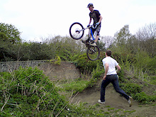 James R jumping in front of James L