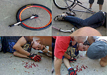 Sam jumped the transfer, unfortunately upon landing, his forks snapped from the steerer, throwing him off the bike, sending him unconscious, and knocking out his teeth

He did wear a helmet