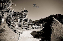 Reon Boe enjoying himself at the 2012 Queenstown Bike Festival Teva Slopestyle. (Reon is a local downhiller who hasn't jumped his bike for months. The morning before the first day of practice he went down to the local Gorge Road jump park to "remember how to jump". This guy is ridiculously talented.)
