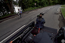 Steady Cam Operator Chris Moone captures the moment strapped to the back of a truck at 40km per hour