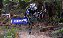 090213 Loic Bruni narrowly avoids going over the front. Bike NZ Mountain Bike Cup Series, Downhill, Hunua Ranges. . Photo: Simon Watts/bwp.co.nz/bikeNZ