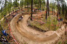The berms and jumps at the bottom of Saturdays course gave a lot of riders some trouble in the tight turns. Bob Stenson rallies the first turn and get's taken out in the second.