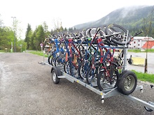My BigHit in the first rack on the Downhill Tour's bike trailer.