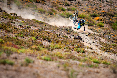 The Chilean anti grip soil caught most competitors in the Andes Pacifico off guard at least once. Here Joey Schusler takes a high speed tumble on day one, stage two.