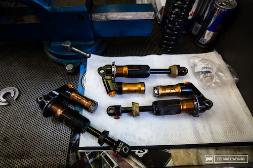 The difference between the prototypes and the production versions. The two light, gold shocks are the prototypes of Marzocchi's forthcoming Moto shock - the darker gold one is what will go into production.