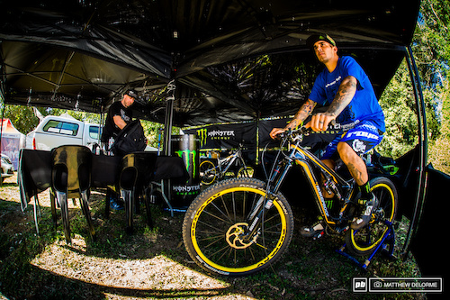 Sam Hill warming up pre-practice.  Sam is still running that sneaky outside line that caught him out at Worlds last year. Hill qualified ninth today, and he is looking like the Sam of old. While PMB may not be the track best suited for Sam, it will be exciting to see how the rest of the season plays out.