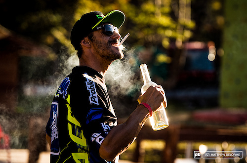 Celebrating the Gracia way. The wild man enjoying a couple of vices after long hard weekend on the bike. In his words, "F*ck it. This is Enduro."