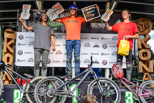 Prize giving ceremony for the O`Neas Rookies Slopestyle  during the Kona MTB Festival Serfaus-Fiss-Ladis.ROOKIES in Tyrol, Austria, on August 9, 2014.Free image for editorial usage only: Photo by Felix Schüller, 2014