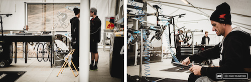 With a new track, riders and mechanics work closely to get bikes set up for tomorrow's training.