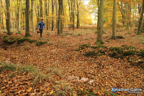 Self portrait of autumn trail running in the New Forest.