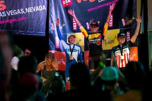 The womens podium from Cross Vegas 2014. Meredith Miller, Katerina Nash and Katie Compton.