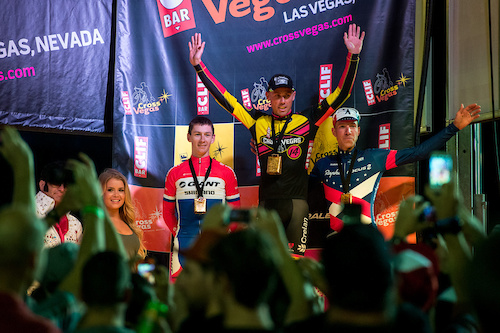 The mens podium from Cross Vegas 2014. Sven Nys, Lars Van der Haar and Jeremy Powers.