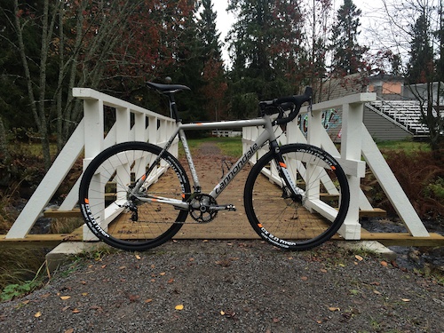 Cannondale CAAD X Rival 22 in size 56cm. This is closest to an actual road bike I've been so far, the first one to actually have drop bars and shifters. Old pic from last fall, now it's on 1 x 11 setup with RaceFace NarrowWide sprocket. I think I'll put it back to 22 speed for the summer though. I've changed the seatpost and stem to Thomson ones and gotten rid of that awful Cannondale OEM saddle. I really like the power and feel of the Rival 22 brakes, and the shifting has been quite flawless as well.  I've also been thinking of getting another wheelset for this bike, ones that could be ran tubeless, and leave the original wheelset for winter use only with studded tires.