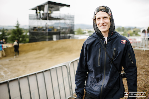 Brandon Semenuk all smiles this morning when the clouds broke and riders had confirmation that the competition was on.