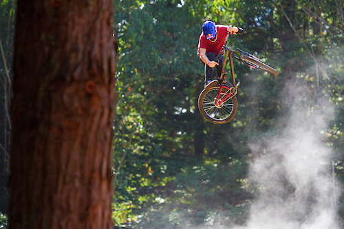 Martin Soderstrom, getting loose straight after the tarps came off the course on Crankworx Rotorua Slopestyle Finals day. The steam is from the sun hitting the wet dirt and it created a really cool effect for the photos... for about 2 minutes!