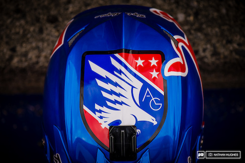 The Troy Lee 'AG' eagle adorning the top of Aaron's Red Bull D3.