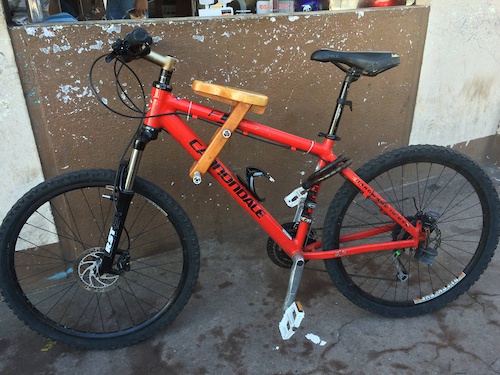 bike with wooden child carrier