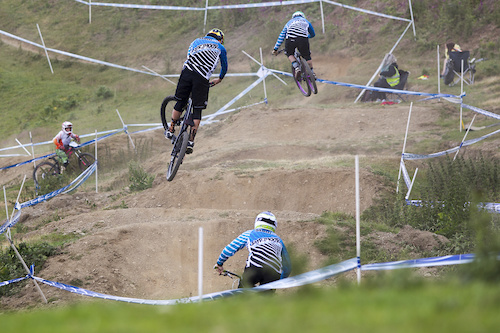 The Slam69 boys sure do look like they have fun both on and off the bikes during The Schwalbe British 4X National Championship at Moelfre Hall, Moelfre, United Kingdom. 11July,2015 Photo: Charles Robertson