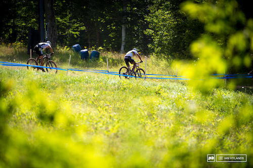 The lead between the top three was constantly changing. One and a half laps to go and Absalon leads Schurter and Manny towards the rock garden.