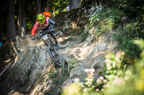 David Tummer of Austria races down the downhill track on the Nordkette Singletrail during the Nordkette Downhill.PRO in Innsbruck, Austria, on August 29, 2015. Free image for editorial usage only: Photo by Sebastian Schieck.