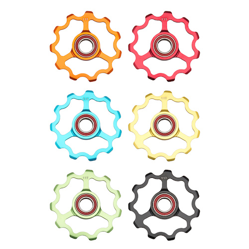 Key Features

Material : 100% CNC machined 6061 anodized aluminum construction.
Bearing Type : Steel cartridge bearing.
Size : 11T &amp; 15T
Color : Black, Blue, Red, Gold, Orange, Green
Compatiblilty : SRAM + SHIMANO / ( ROAD and MTB ) rear derailleurs.