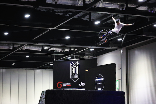 Daryl Brown with a big 3 tuck no hander during a practice run for Air To The Throne at the London Bike Show