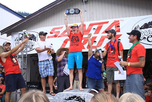 Volunteers celebrate their victory during the Volunteer Trifecta at the Downieville Classic.