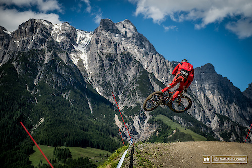Josh Bryceland; speed of a mongoose, style of a rat in front of Leogang's mighty peaks.