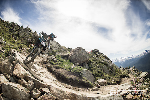 Garret McGurk swirling down the trails and intdo the Whistler Bike Park.