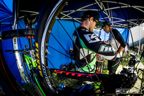 Adam Brayton getting his Gambler prepped with his mechanic in the early morning.