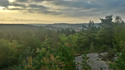 Utsikt mot sydost från Grisryggen. Delar av Mölndal kan anas i bakgrunden.