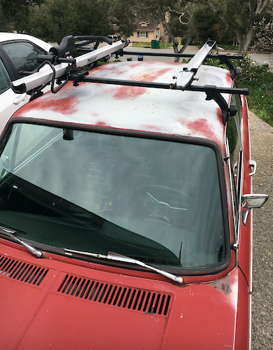 I added "matching" (raw alloy) Bike mounts to the Thule Roof rack on my BMW 2002.  The Road Bike mount that I have been using, was borrowed.  This is the final configuration.