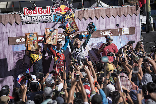 Pedro Ferreira, Thomas Slavik and Bernard Kerr celebrates during Red Bull Valparaiso Cerro Abajo in Valparaiso, Chile on February 19, 2017 // Nicolas Gantz / Red Bull Content Pool // P-20170220-00243 // Usage for editorial use only // Please go to www.redbullcontentpool.com for further information. //