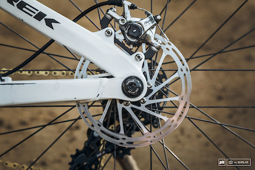 Brandon Semenuk's Trek Ticket S slopestyle bike - mechanical disc brakes with a 140mm rotor.