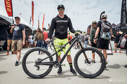 Jared Graves is here at Sea Otter with one bike—the Camber. The 29" inch trail bike is  being customized to suit each event, but he is riding the same frame. For slalom, Jared had 27.5" wheels put on, left the 140mm 29" fork up front, had a SRAM X01 DH cassette/derailleur put on, and there is a custom Ohlins rear shock, tweaked to fit on the Camber frame. He was finding th front to be a touch on the high side, but it wasn't enough to bother him to change it.