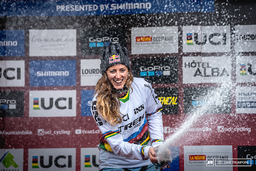 The only rain the women saw today was that of Rachel Atherton's champagne.