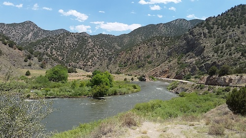 Halfway between Canon City and Salida CO.on the Arkansas River. This was a blast to do on a whitewater raft!! ( Although this spot in particular is calm compared to some others )